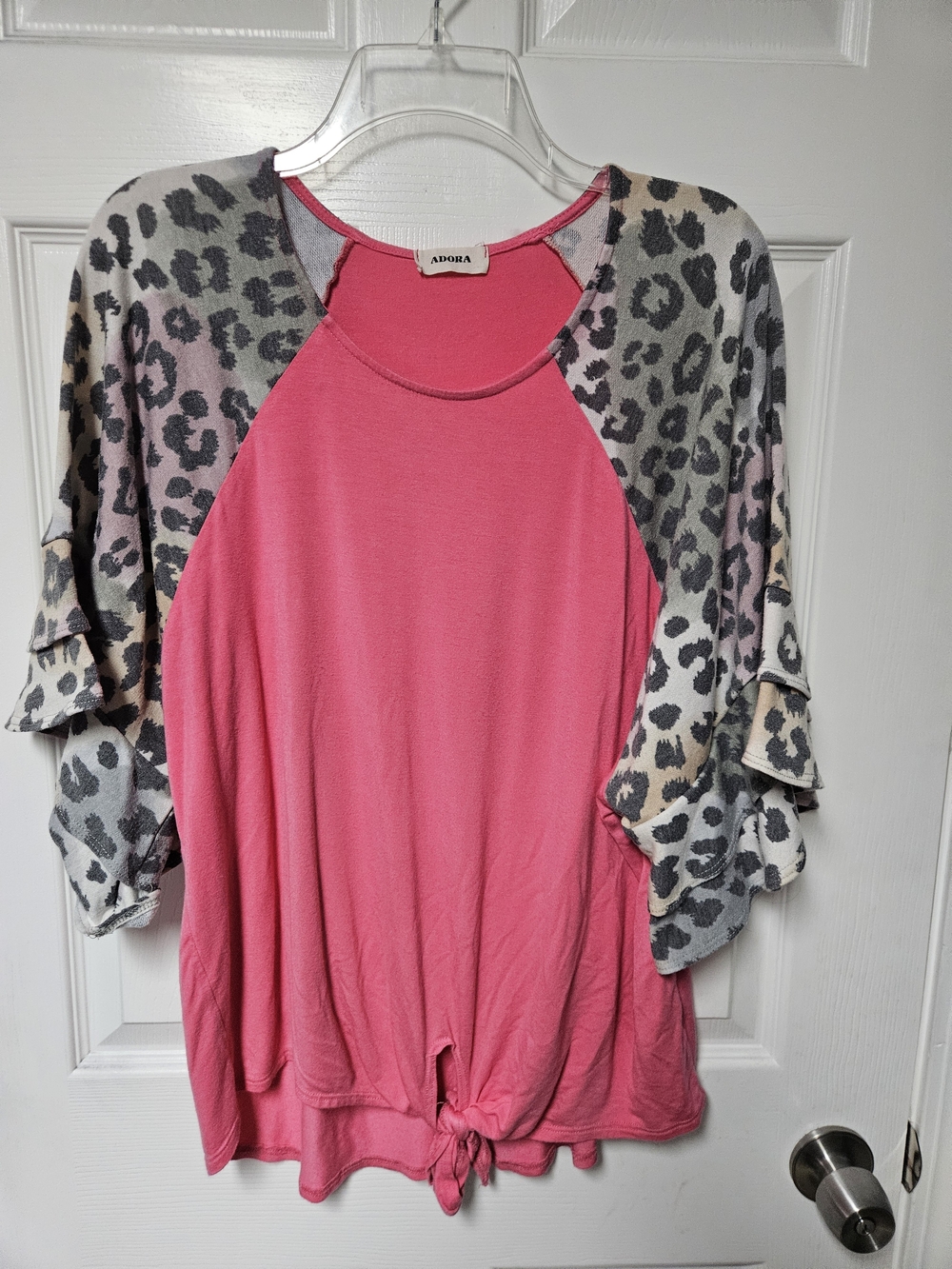 Adora Pink Leopard Sleeve Tie-Front Women's Top